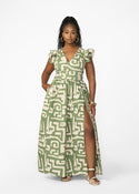Lelisa Women's African Print Maxi Dress (Olive Geometric)
