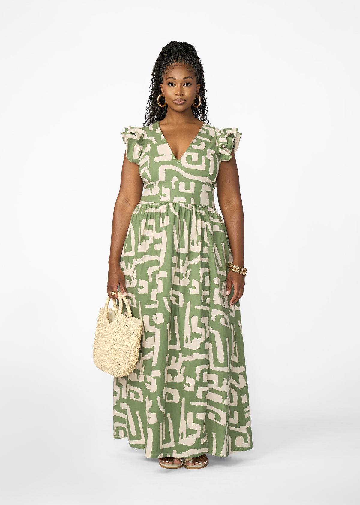 Lelisa Women's African Print Maxi Dress (Olive Geometric)