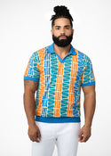 Lesego Men's African Print Polo Cotton Blend Shirt (Khaki Tribal Motifs)
