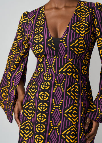 Liya Women's African Print Maxi Dress (Gold Purple Mudcloth)