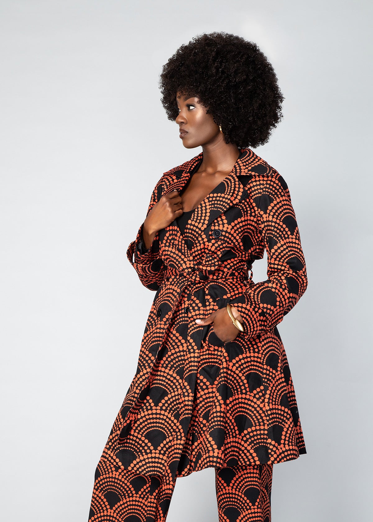 Tiasale Women's African Print Utility Trench Coat (Black Amber Dots) - Clearance