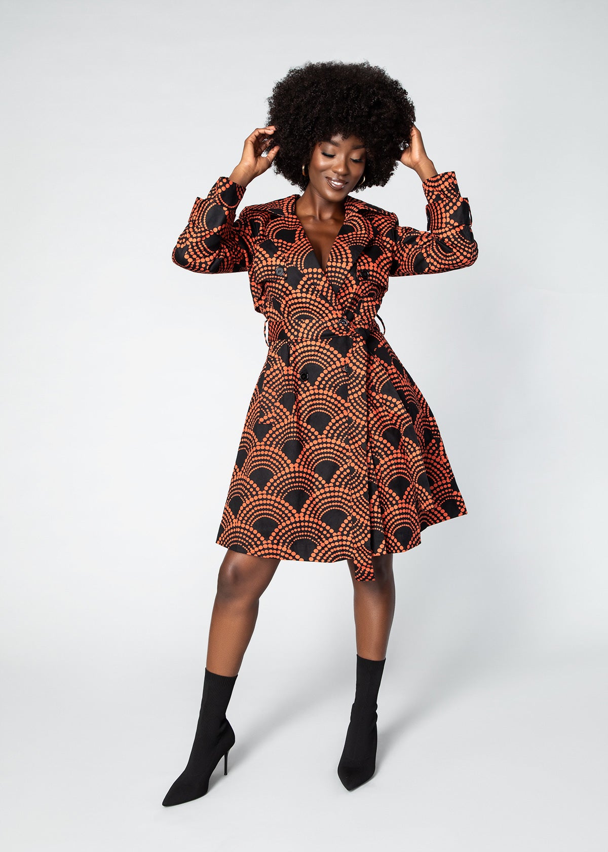 Tiasale Women's African Print Utility Trench Coat (Black Amber Dots) - Clearance