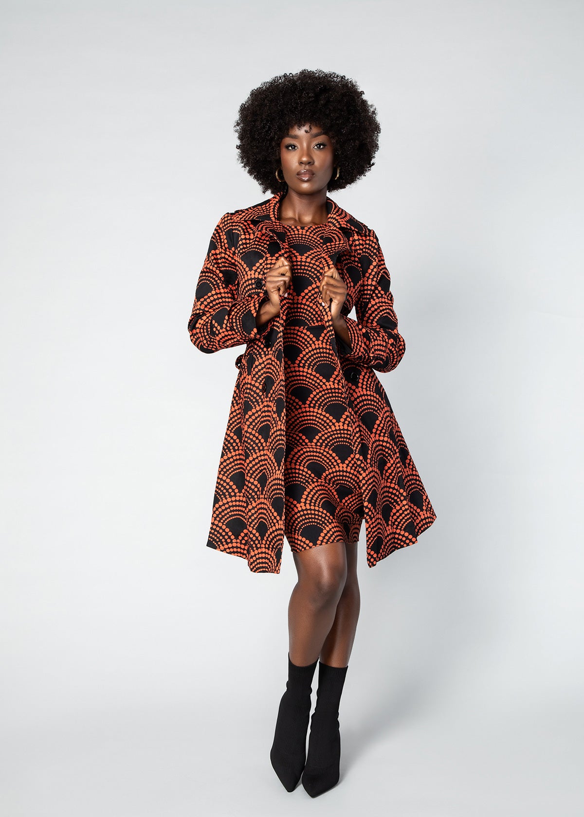 Tiasale Women's African Print Utility Trench Coat (Black Amber Dots) - Clearance