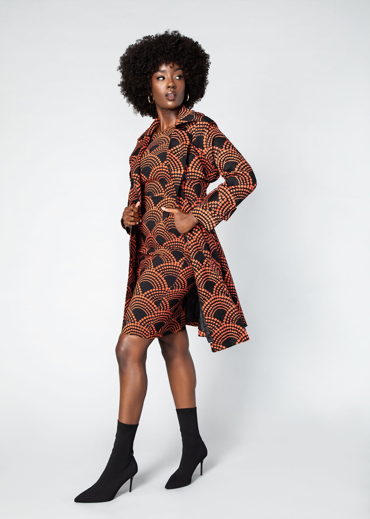 Tiasale Women's African Print Utility Trench Coat (Black Amber Dots) - Clearance