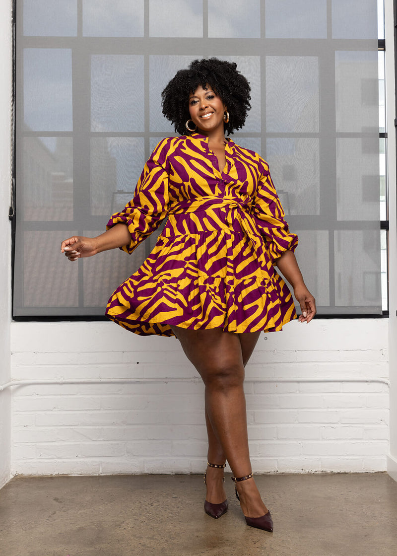 Malia Women's African Print Mini Dress (Gold Zebra Abstract)