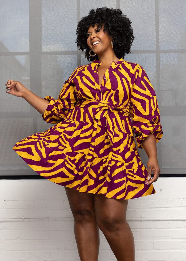 Malia Women's African Print Mini Dress (Gold Zebra Abstract)