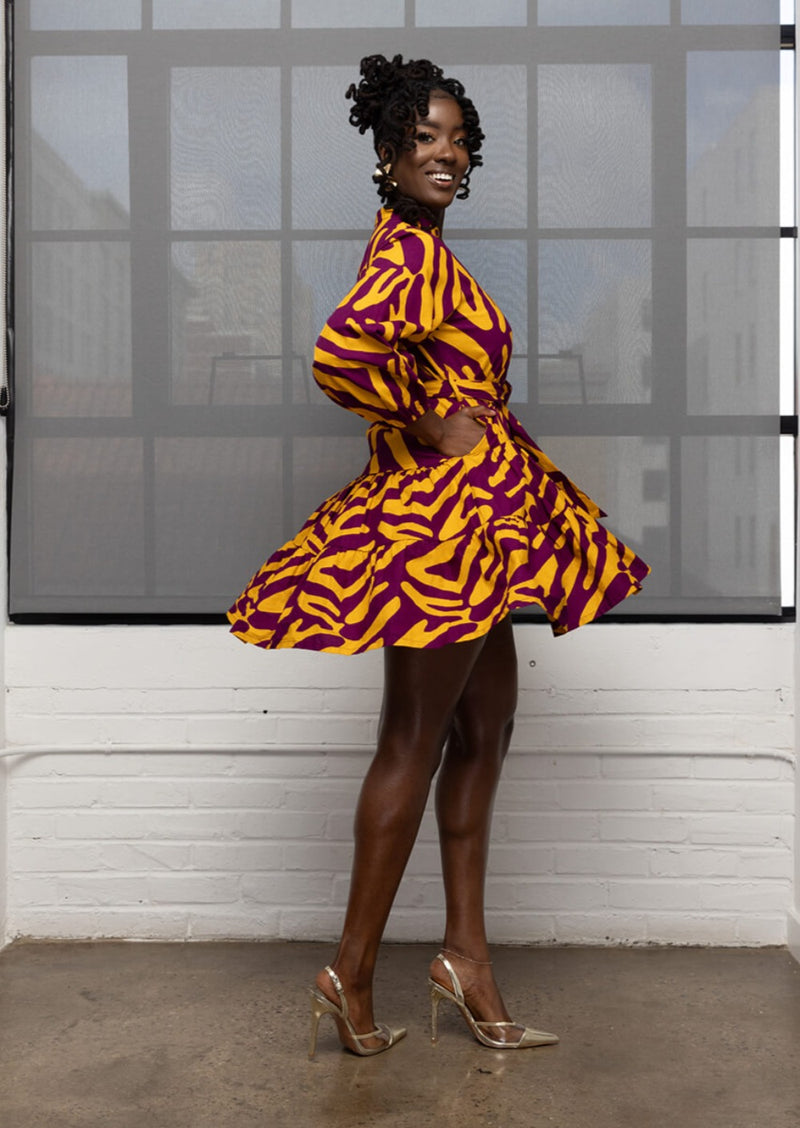 Malia Women's African Print Mini Dress (Gold Zebra Abstract)