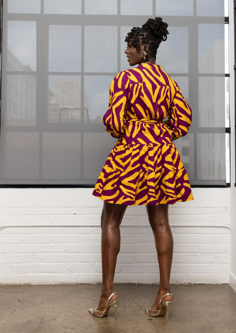 Malia Women's African Print Mini Dress (Gold Zebra Abstract)