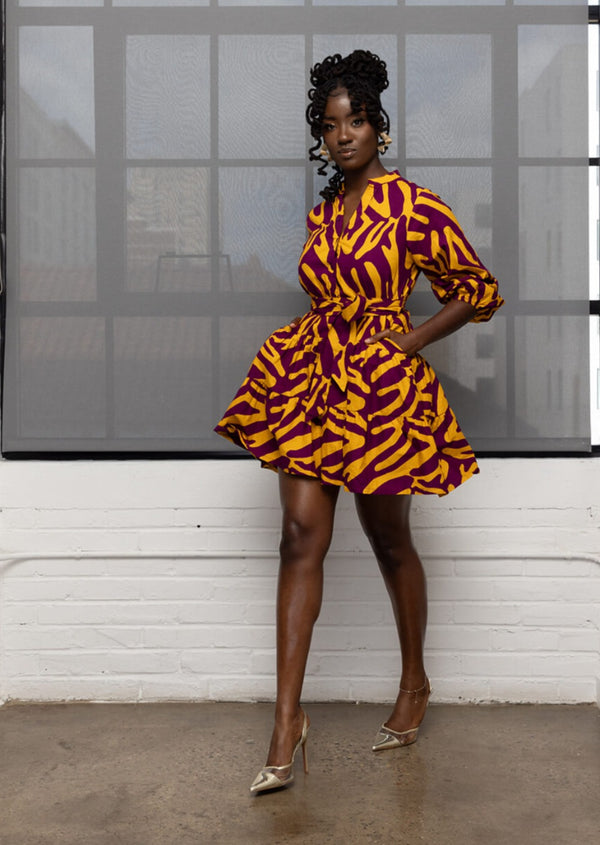 Malia Women's African Print Mini Dress (Gold Zebra Abstract)