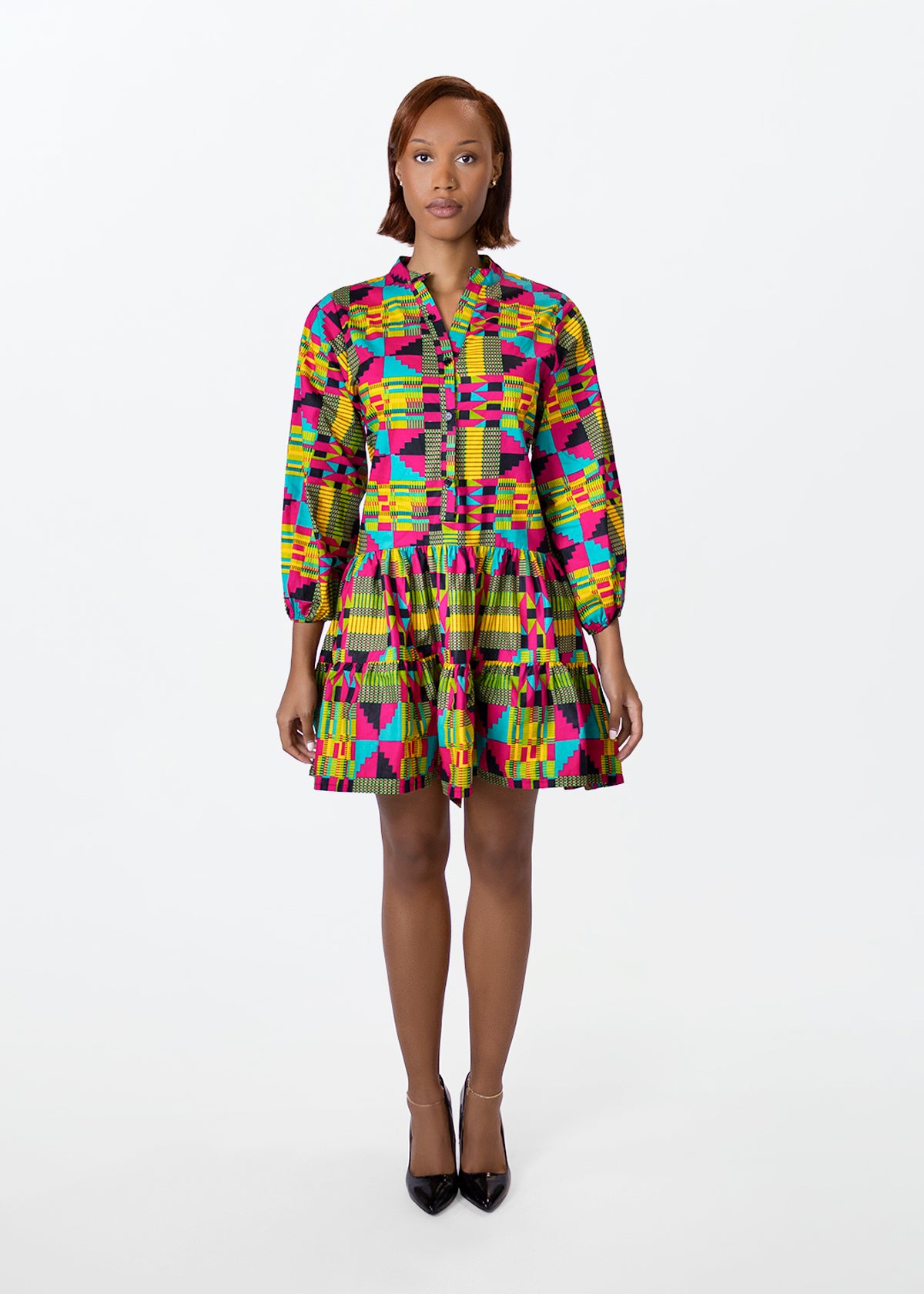 Malia Womens African Print Mini Dress (Raspberry Yellow Kente)