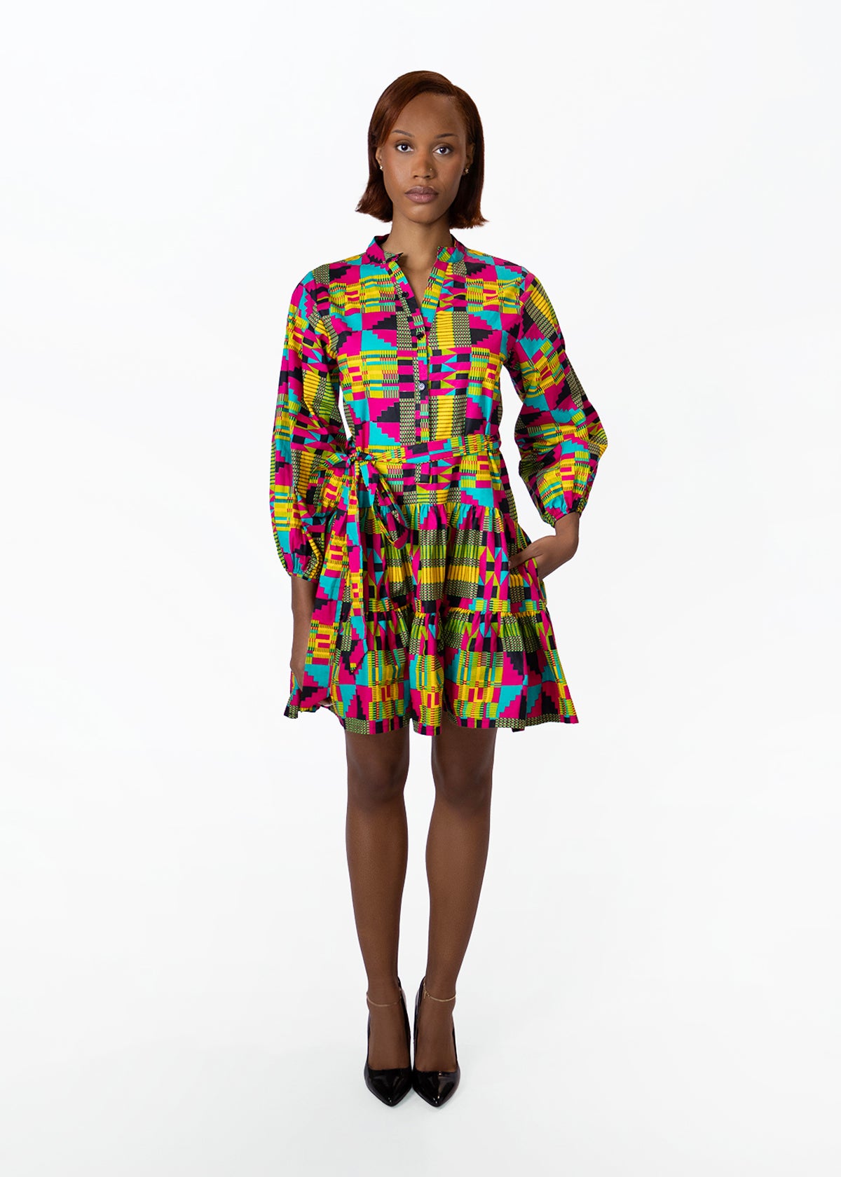 Malia Womens African Print Mini Dress (Raspberry Yellow Kente)