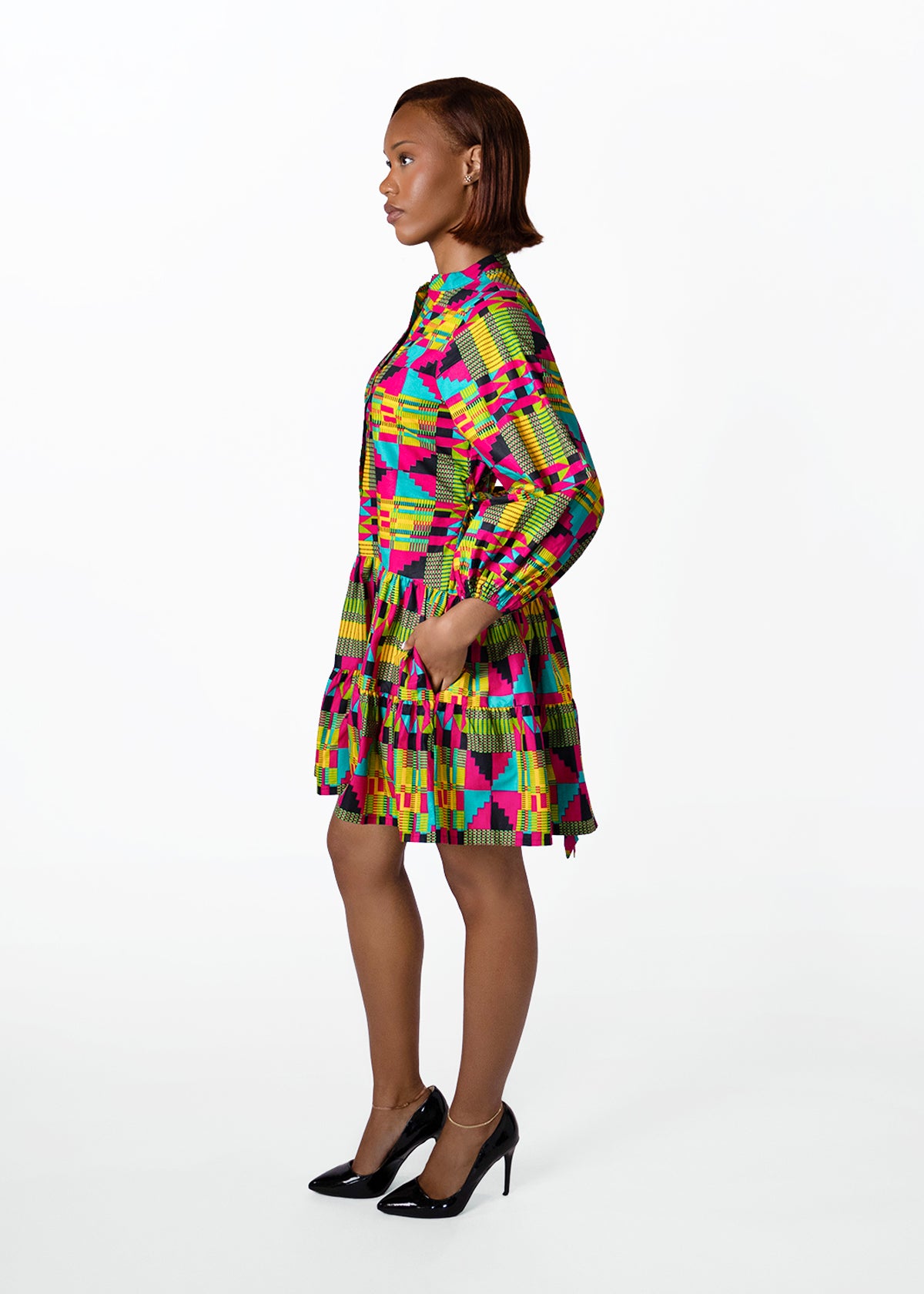 Malia Womens African Print Mini Dress (Raspberry Yellow Kente)