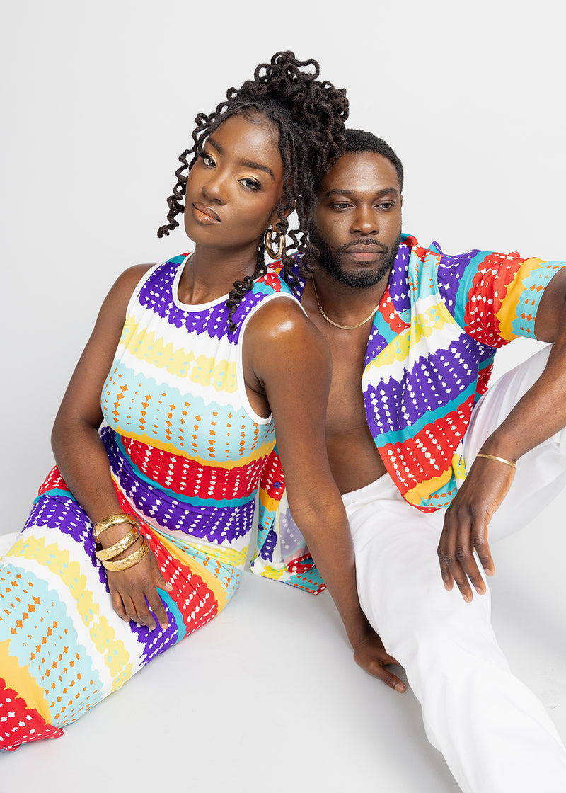 Hadi Women's African Print Jersey Dress (Rainbow Punch Adire)