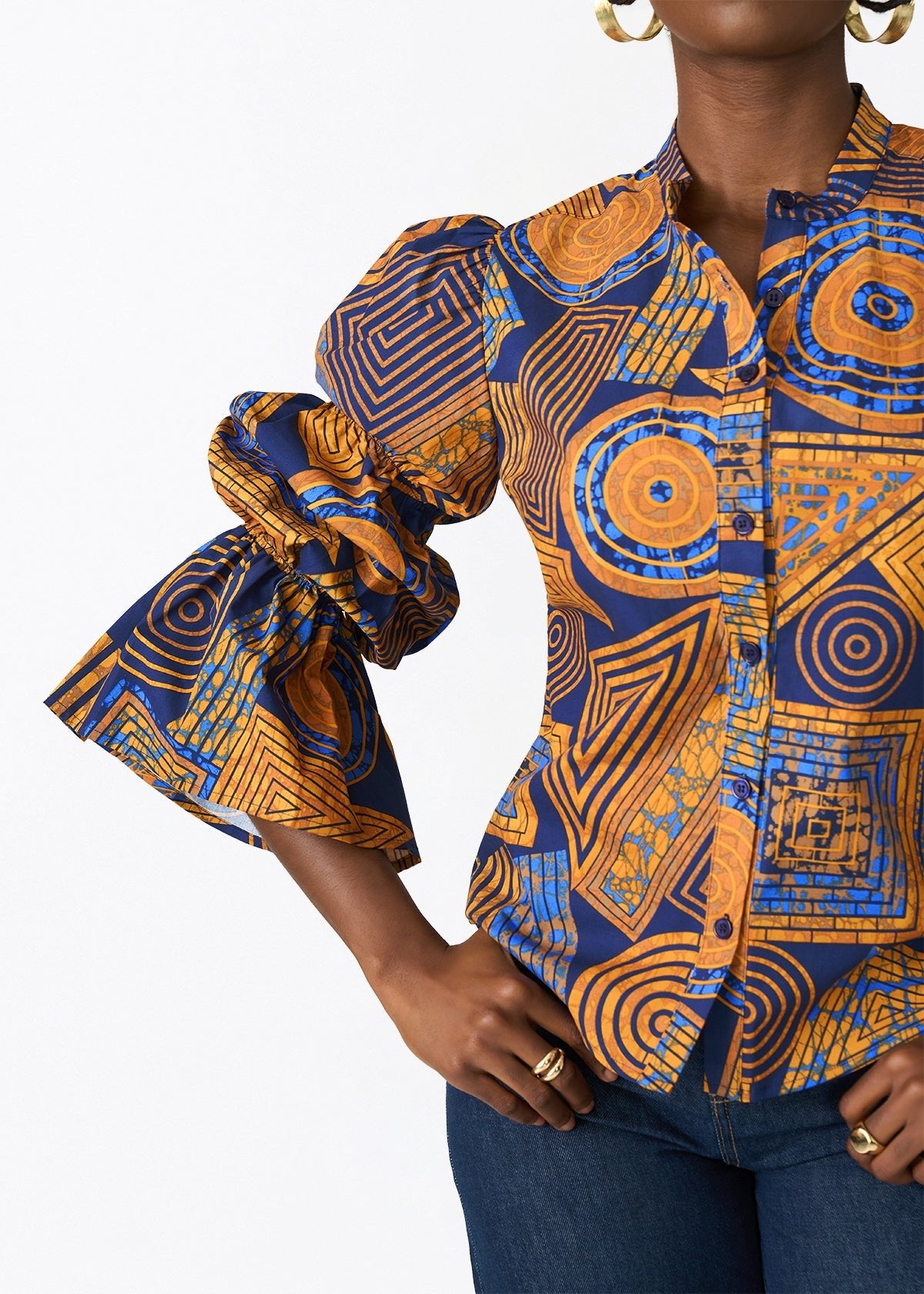 Manyara Women's African Print Peplum Blouse (Royal Blue Geometric) - D'IYANU