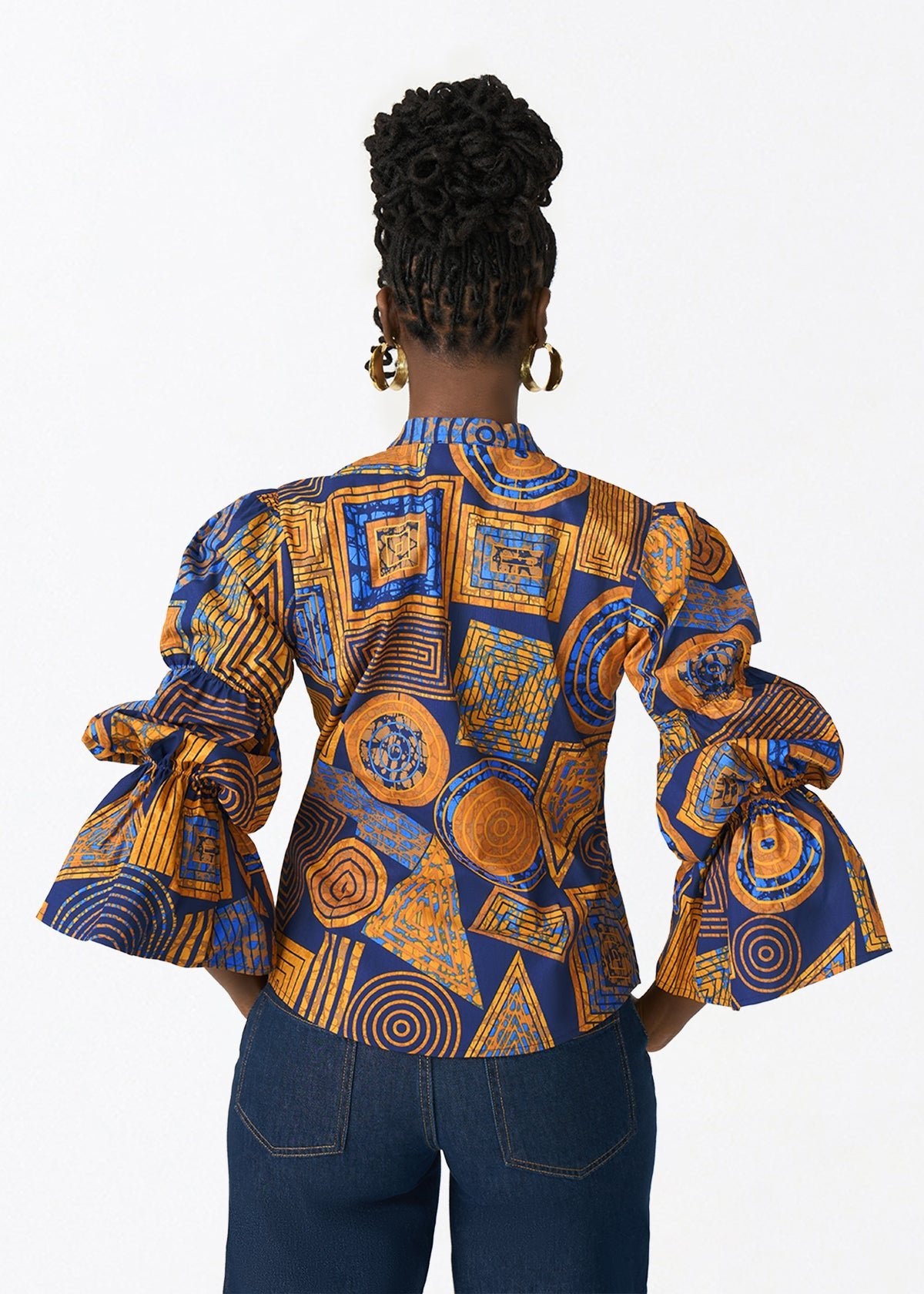 Manyara Women's African Print Peplum Blouse (Royal Blue Geometric) - D'IYANU