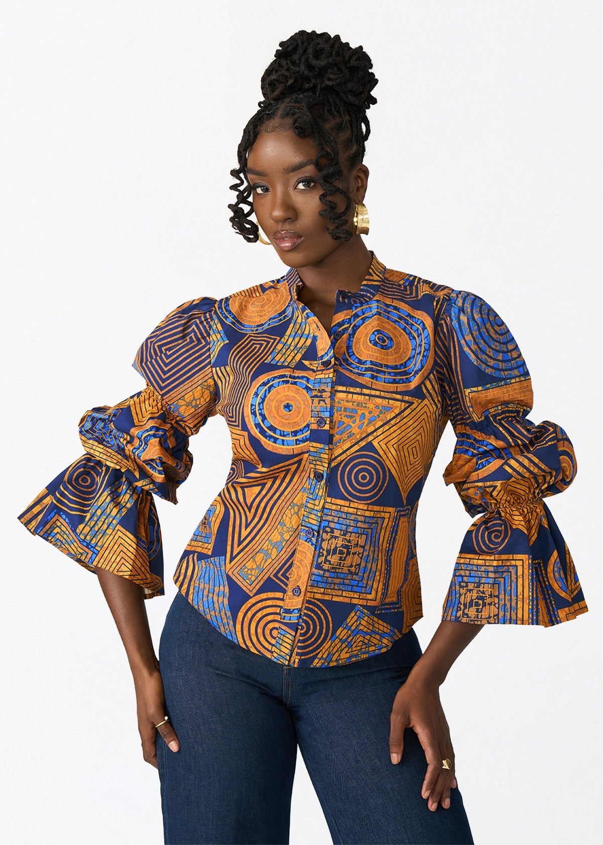 Manyara Women's African Print Peplum Blouse (Royal Blue Geometric) - D'IYANU