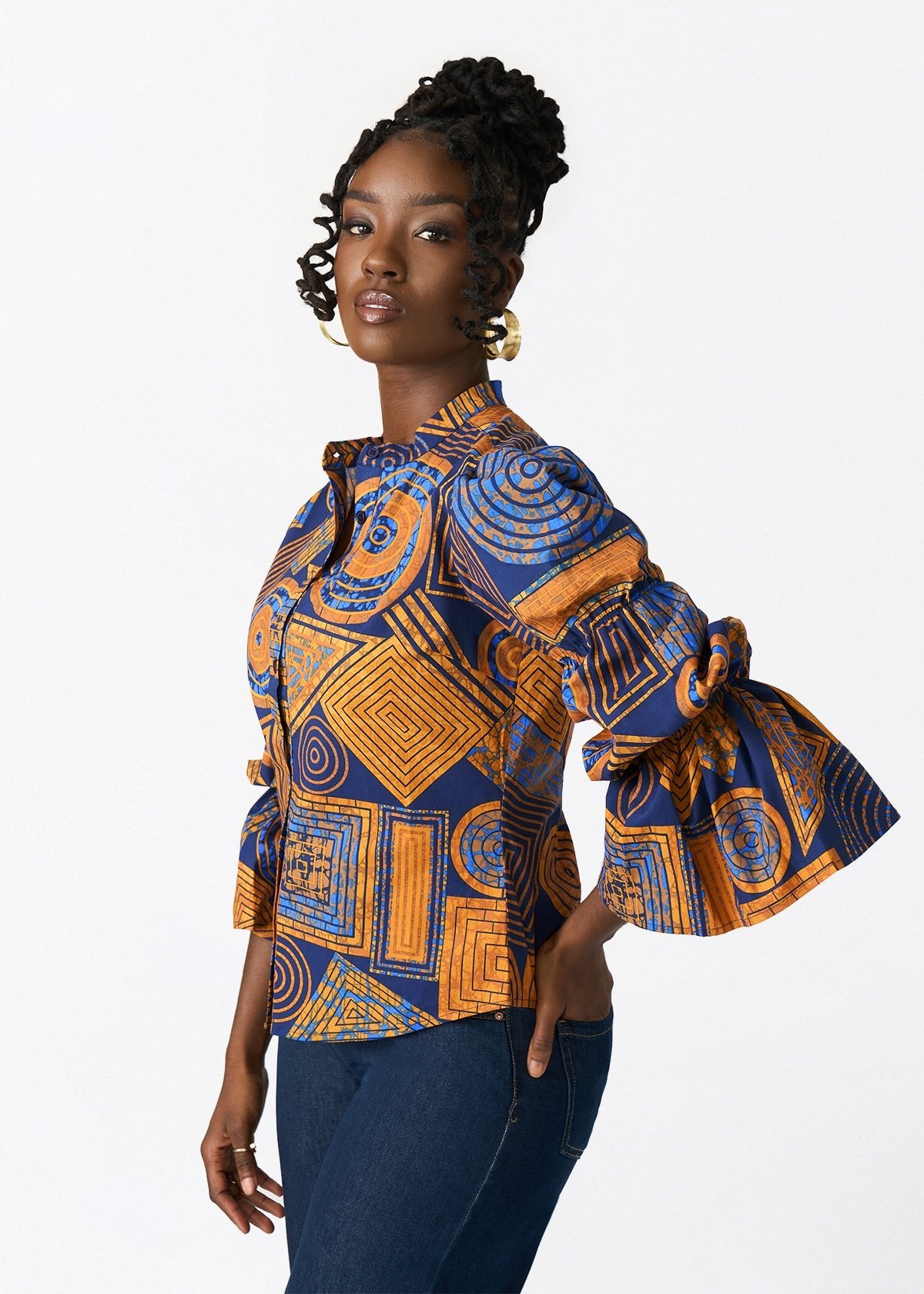 Manyara Women's African Print Peplum Blouse (Royal Blue Geometric) - D'IYANU