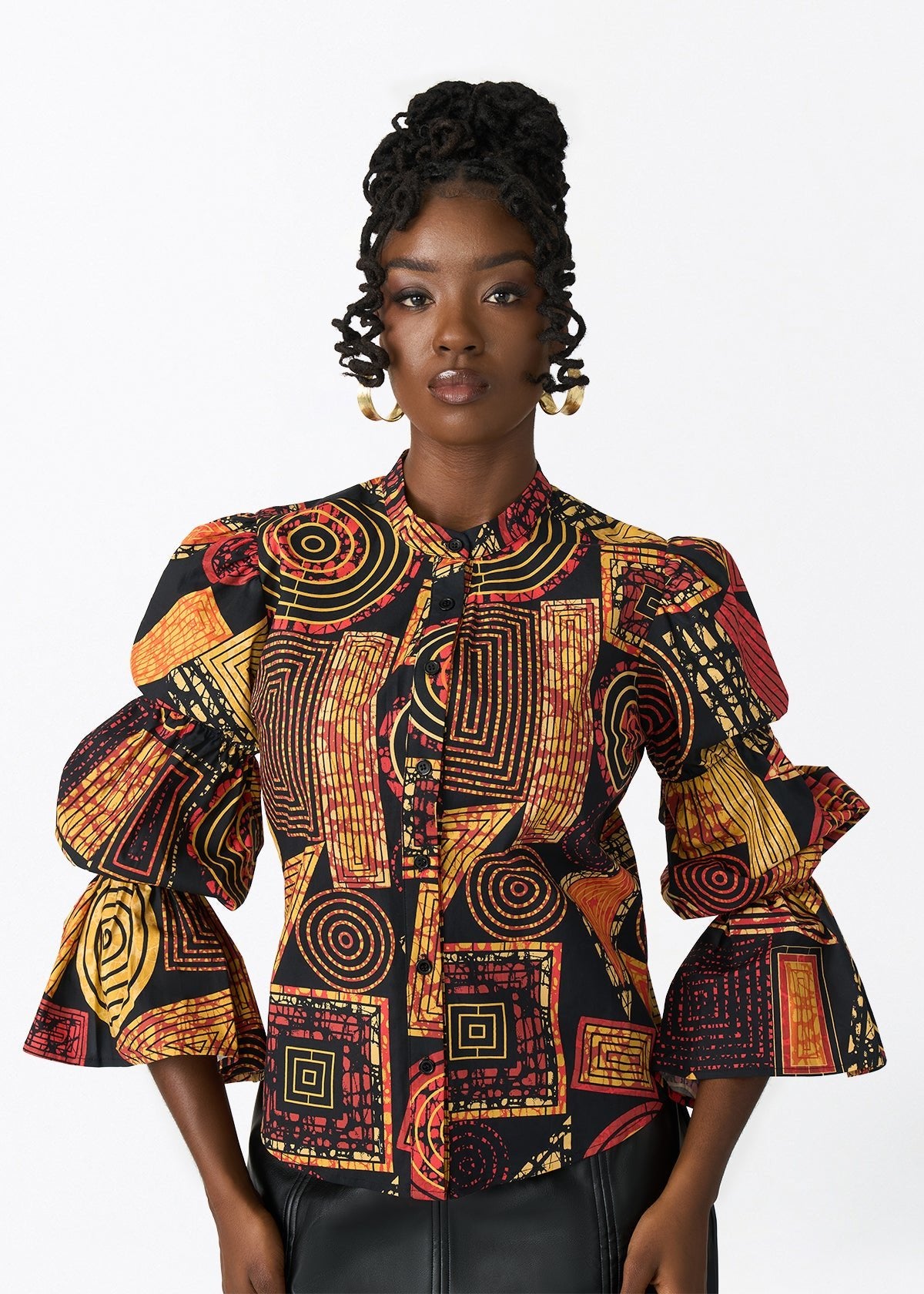 Manyara Women's African Print Peplum Blouse (Black Cinnamon Geometric) - D'IYANU