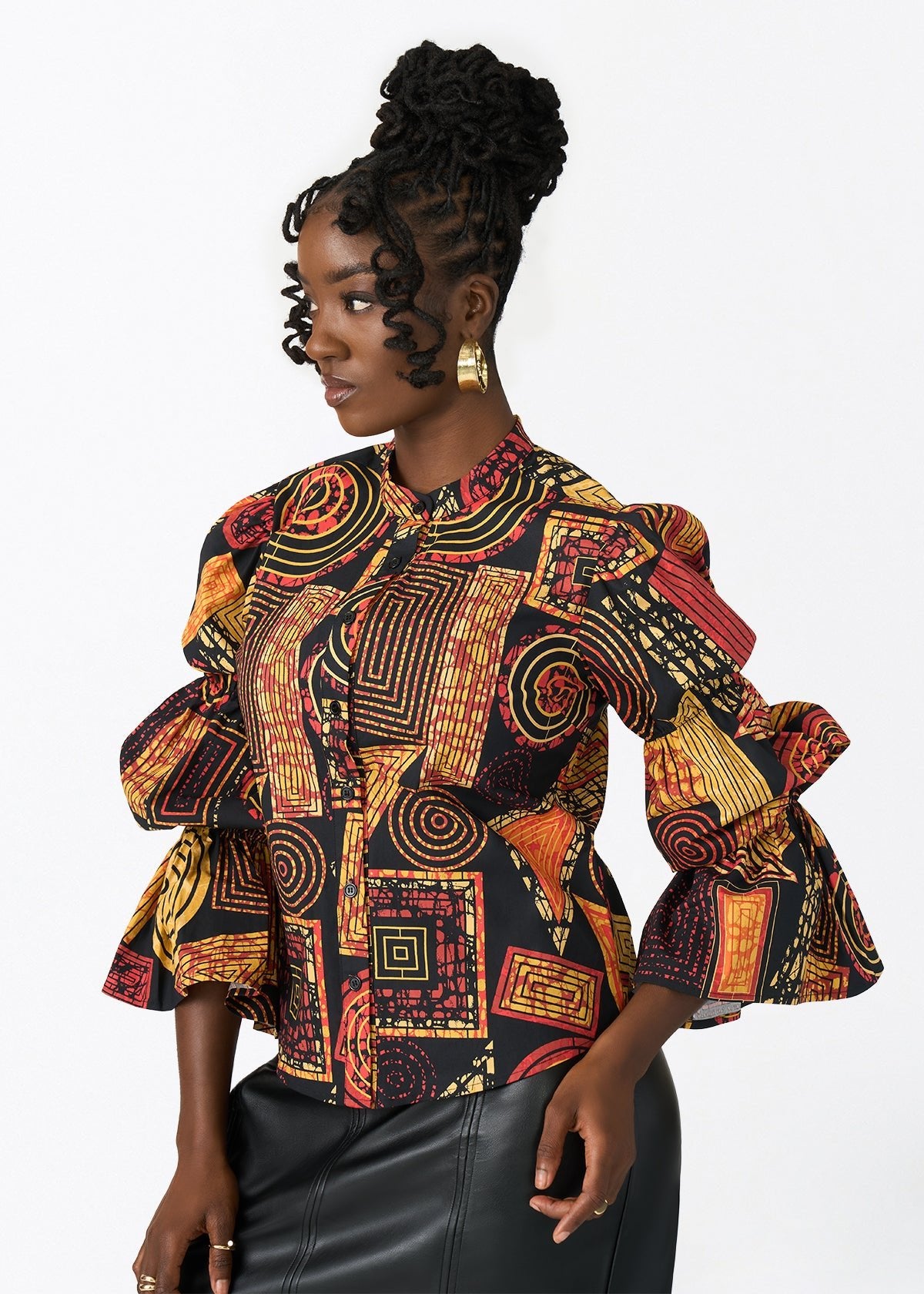 Manyara Women's African Print Peplum Blouse (Black Cinnamon Geometric) - D'IYANU