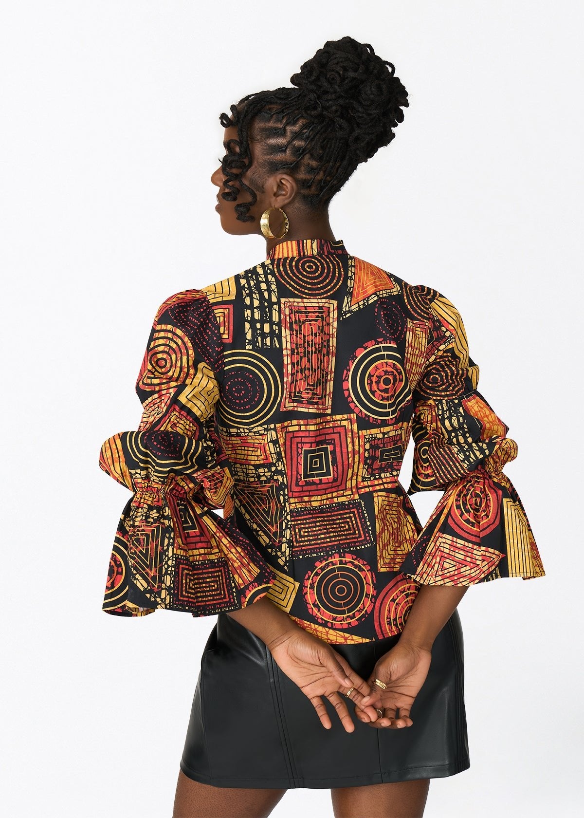 Manyara Women's African Print Peplum Blouse (Black Cinnamon Geometric) - D'IYANU