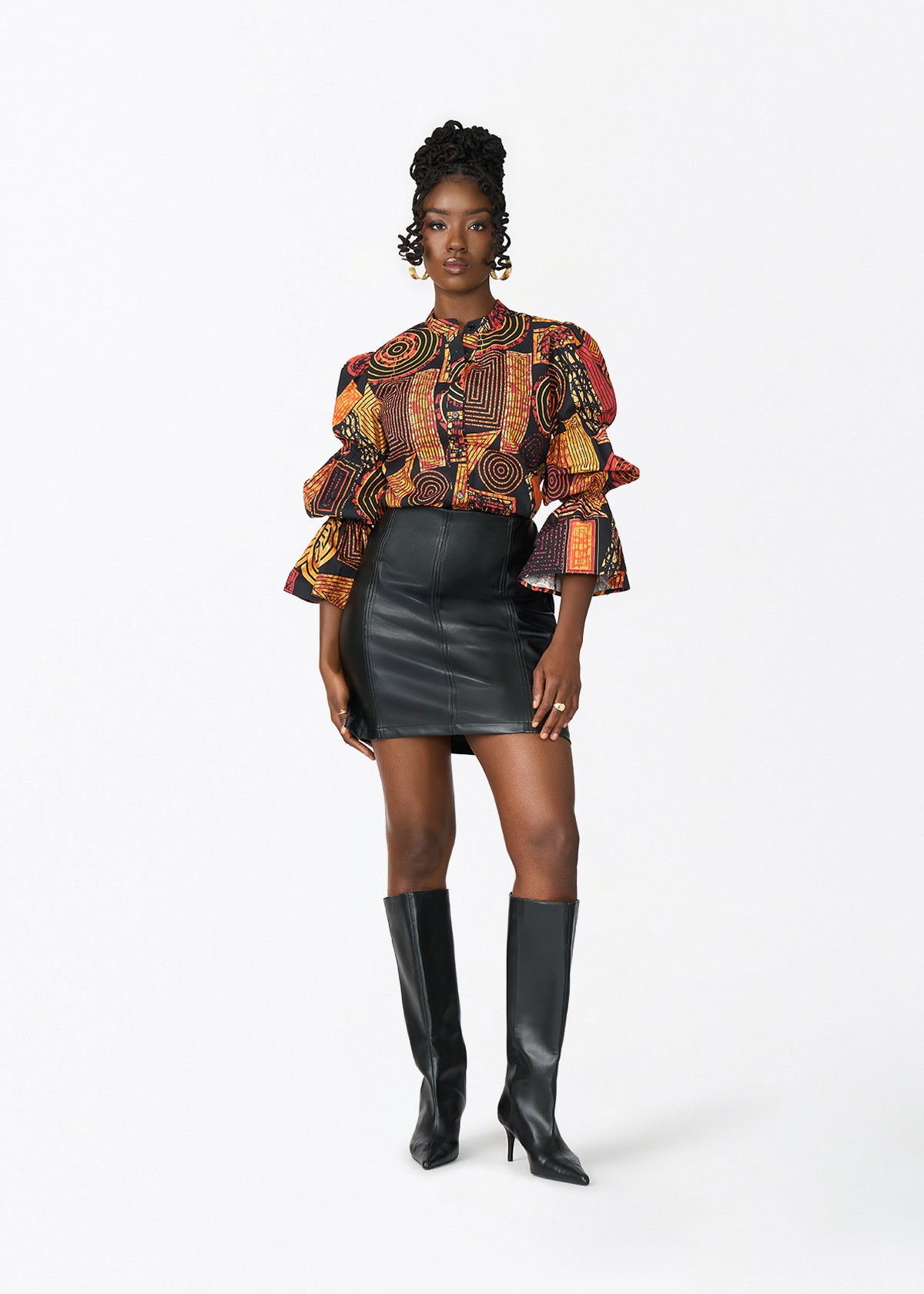 Manyara Women's African Print Peplum Blouse (Black Cinnamon Geometric) - D'IYANU