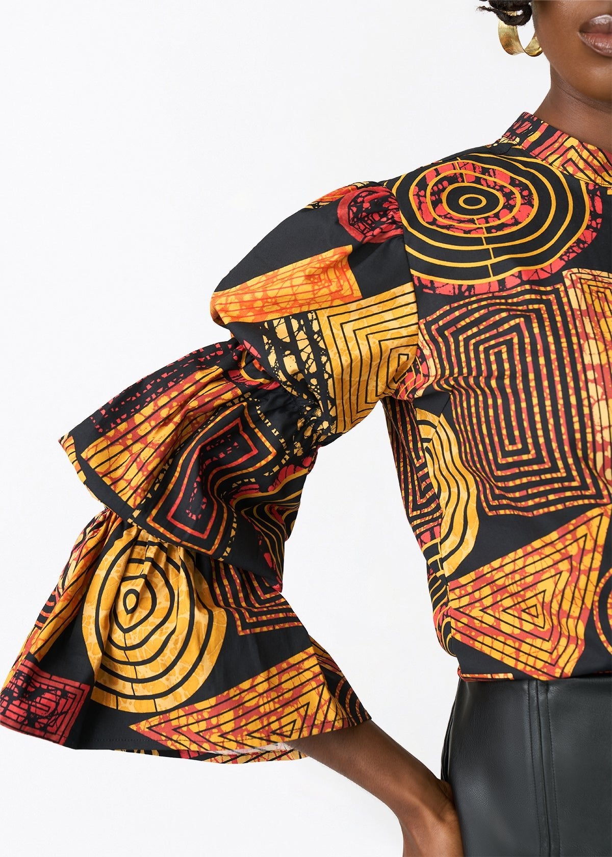 Manyara Women's African Print Peplum Blouse (Black Cinnamon Geometric) - D'IYANU
