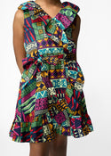 Mariama Girl's African Print Ruffle Sleeveless Dress (Green Navy Kente)