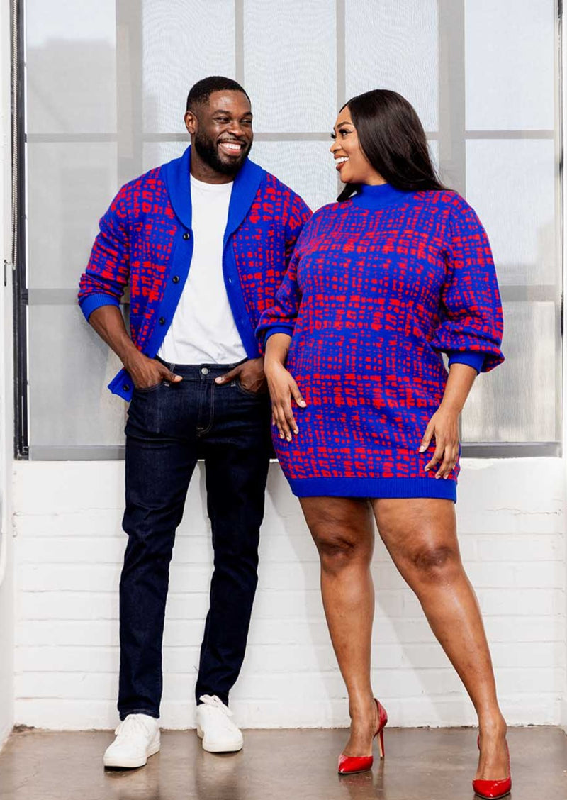 Keziah Women's African Print Sweater Dress (Red Blue Adire)