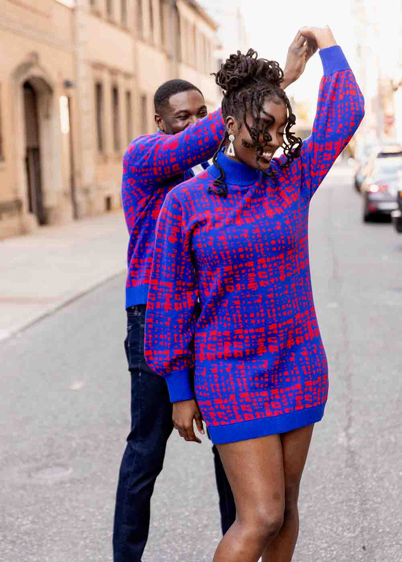 Keziah Women's African Print Sweater Dress (Red Blue Adire)