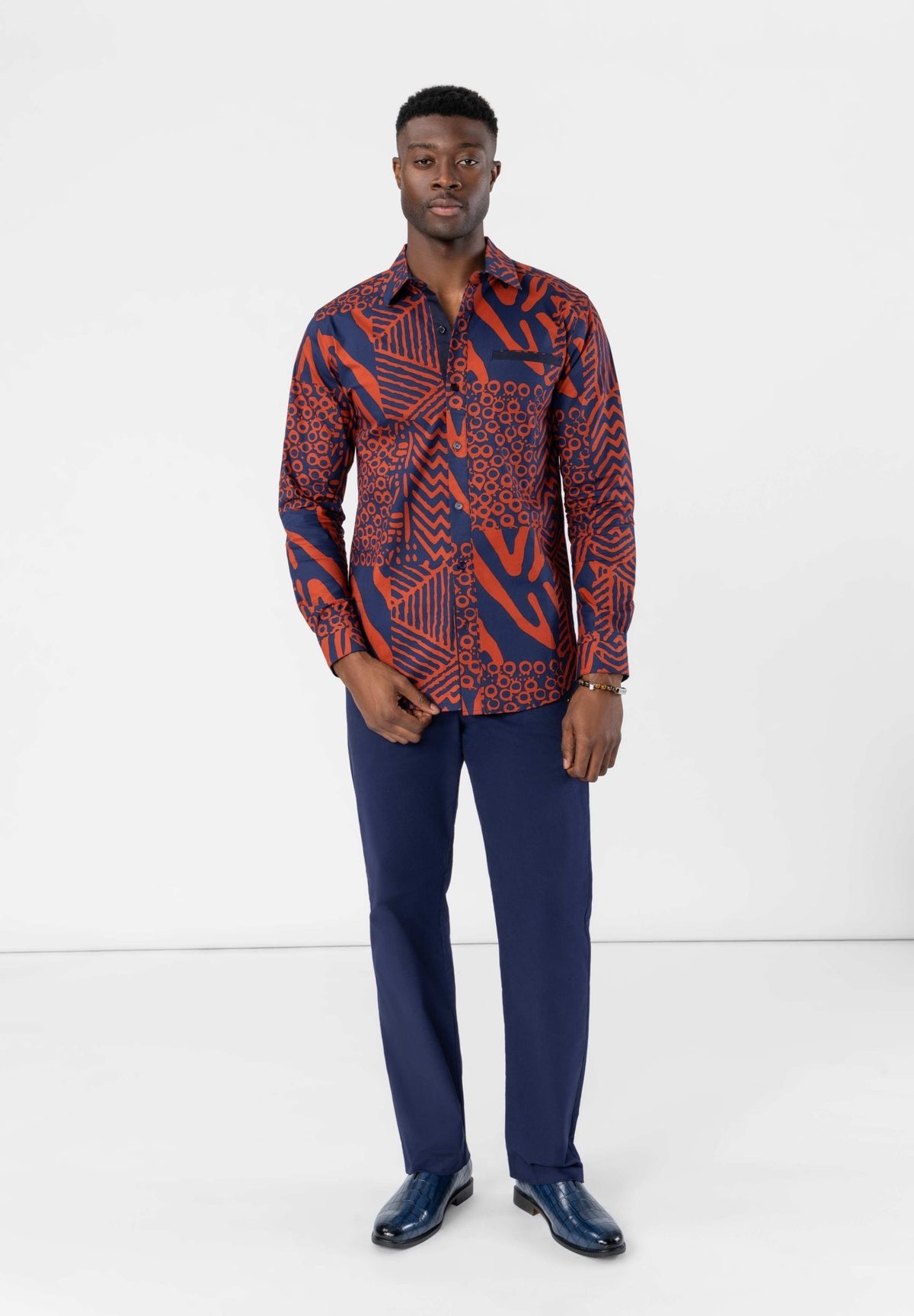 Mazi Men's African Print Button-up Shirt (Rust Navy Multipattern) - D'IYANU
