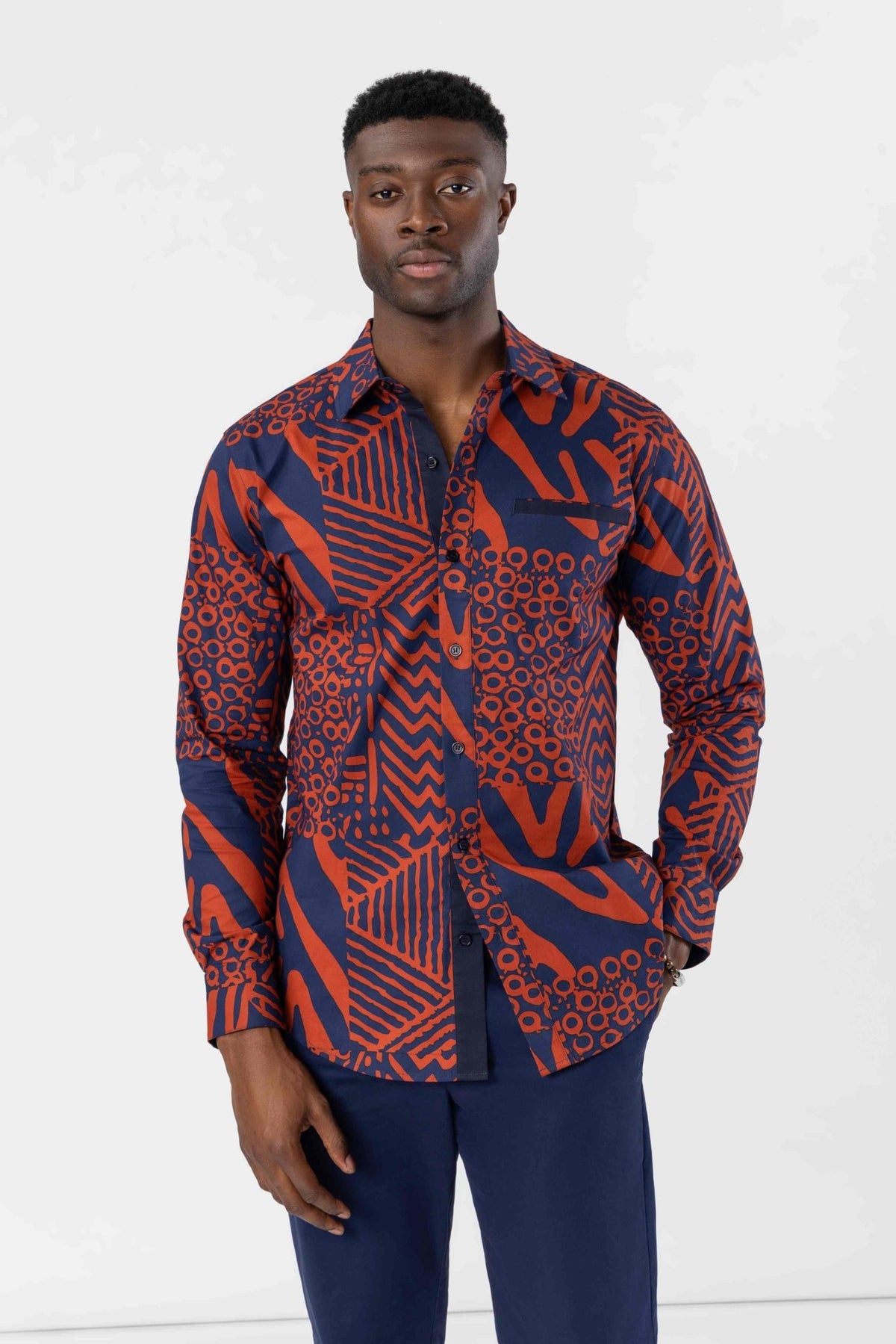 Mazi Men's African Print Button-up Shirt (Rust Navy Multipattern) - D'IYANU