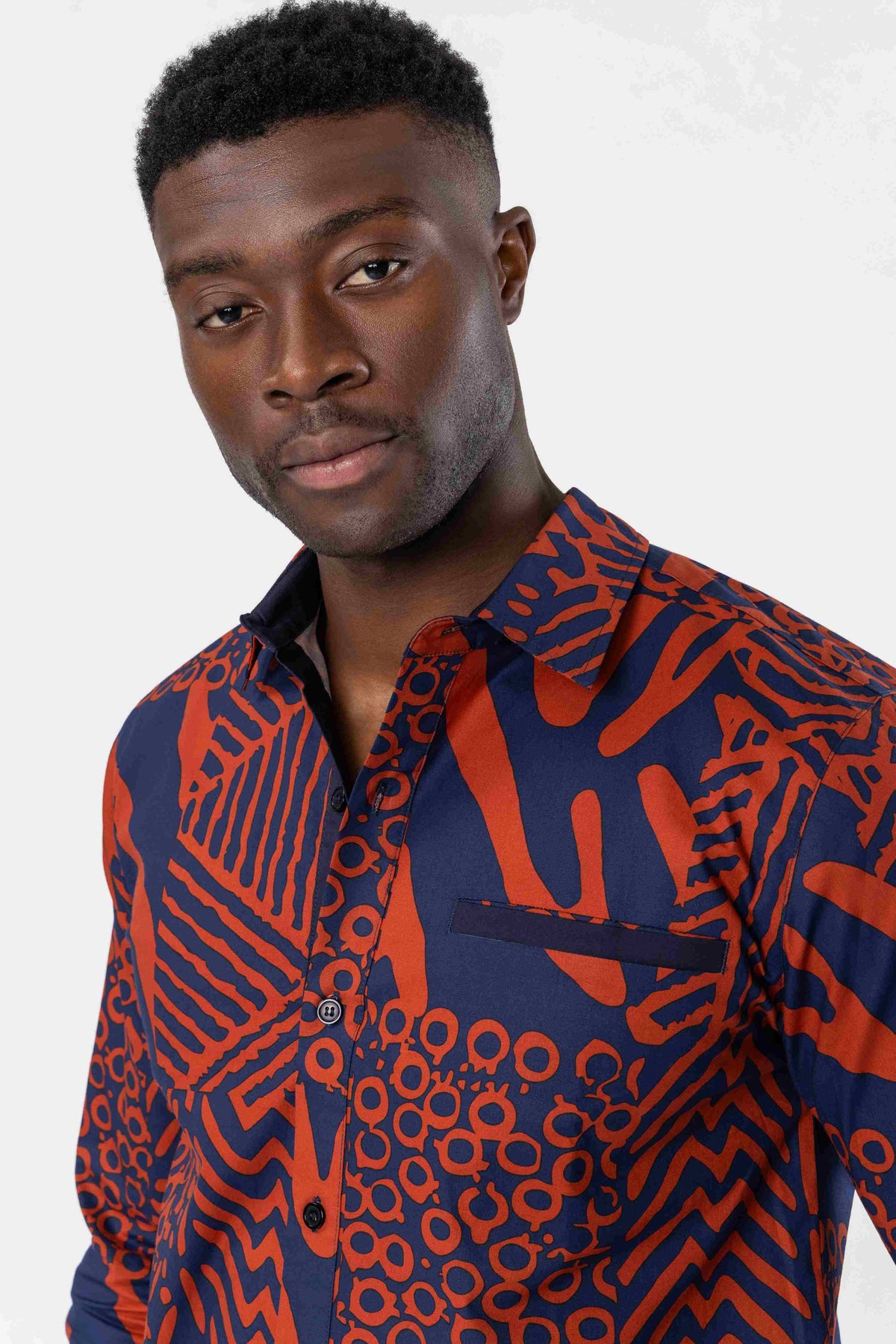 Mazi Men's African Print Button-up Shirt (Rust Navy Multipattern) - D'IYANU