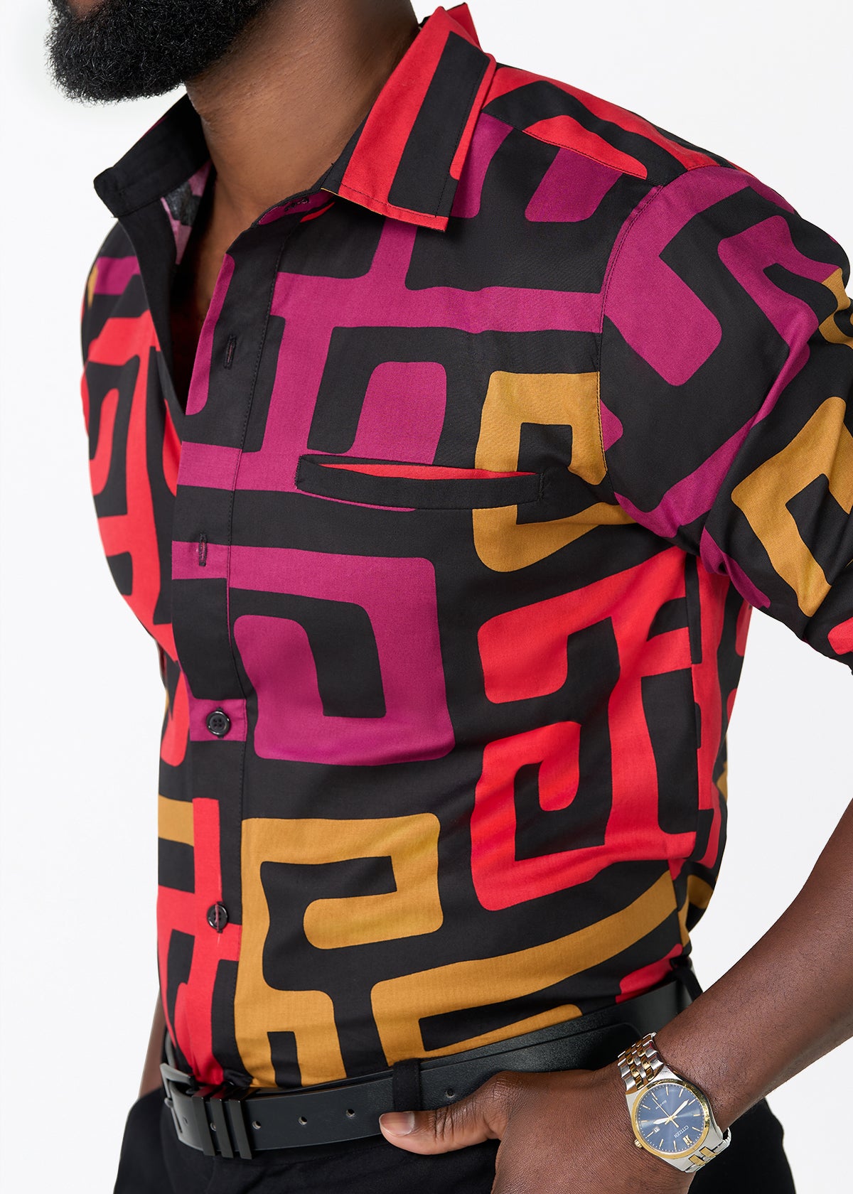 Mazi Men's African Print Button-up Shirt (Black Berry Kuba)
