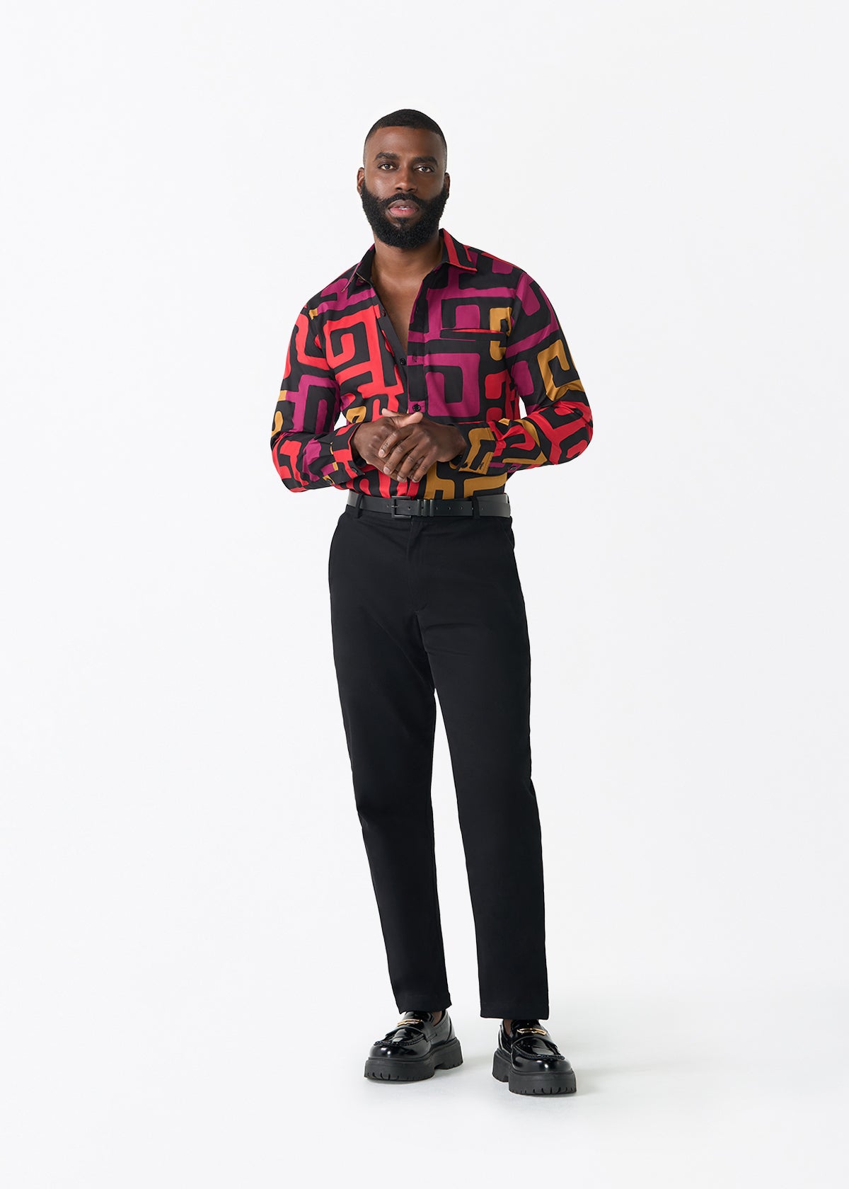 Mazi Men's African Print Button-up Shirt (Black Berry Kuba)