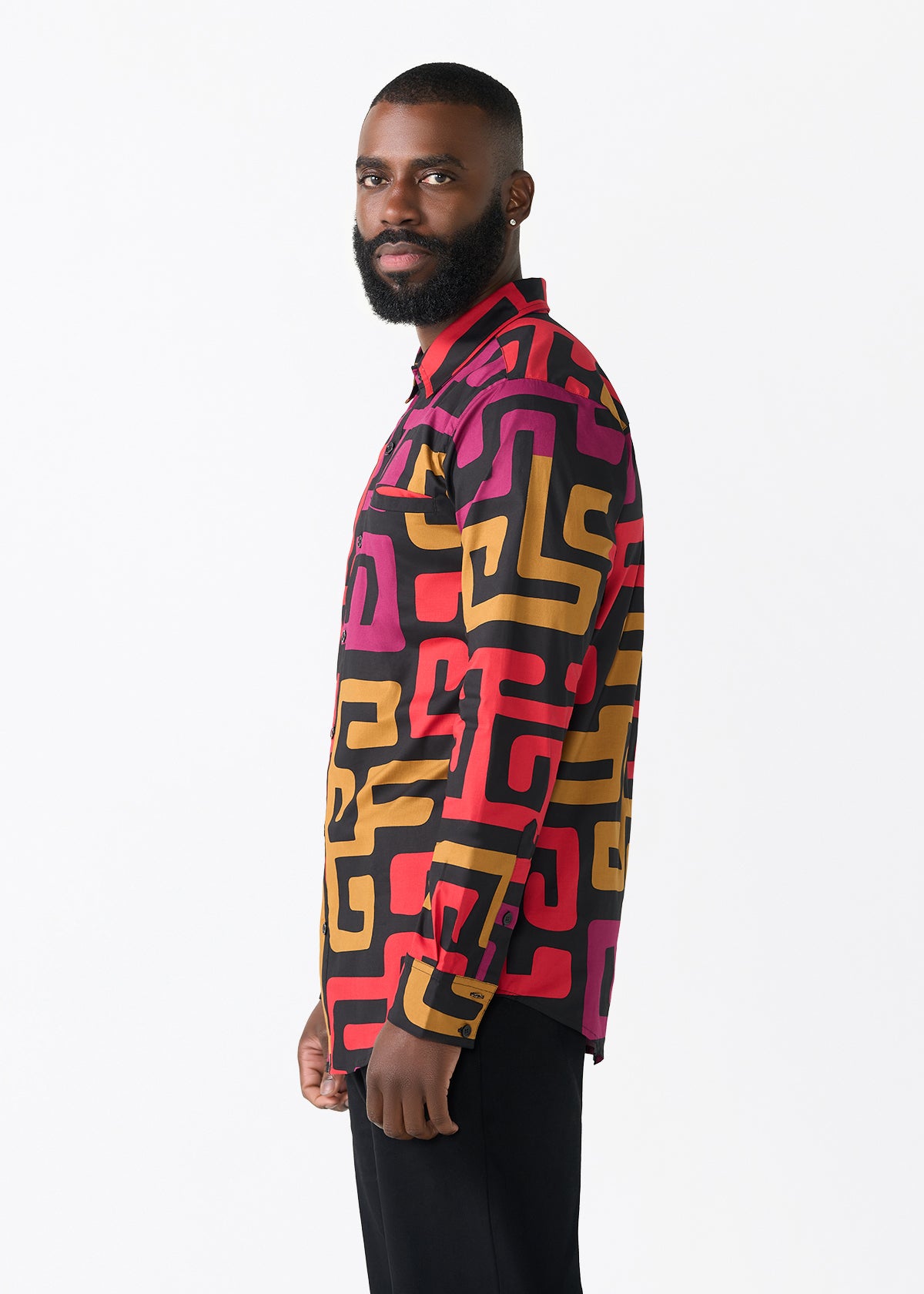 Mazi Men's African Print Button-up Shirt (Black Berry Kuba)