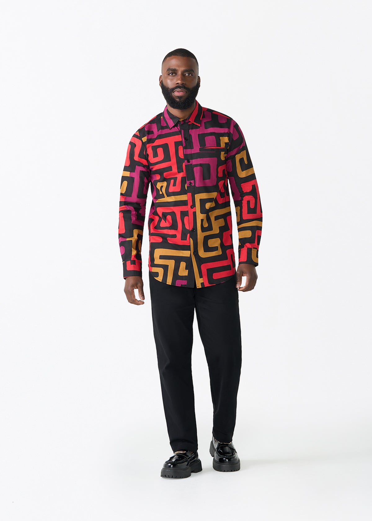 Mazi Men's African Print Button-up Shirt (Black Berry Kuba)