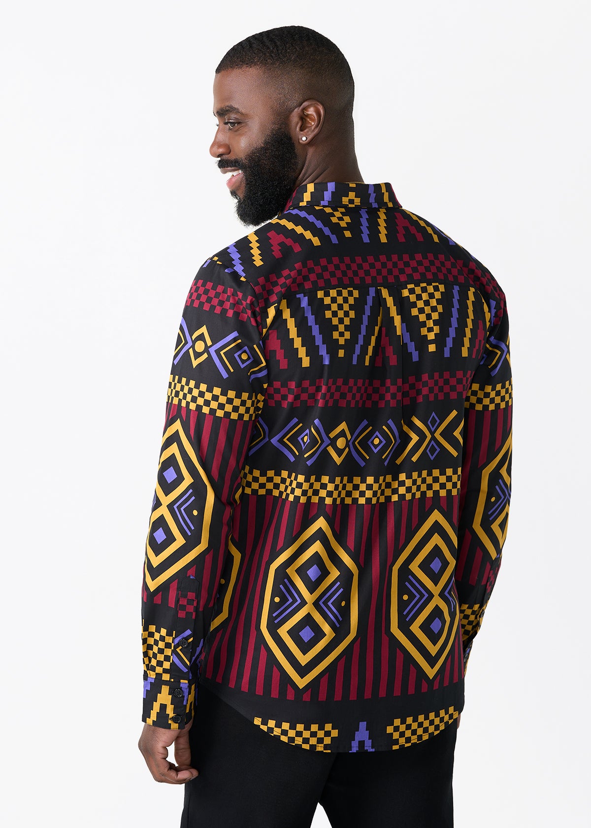 Mazi Men's African Print Button-up Shirt (Black Burgundy Tribal)