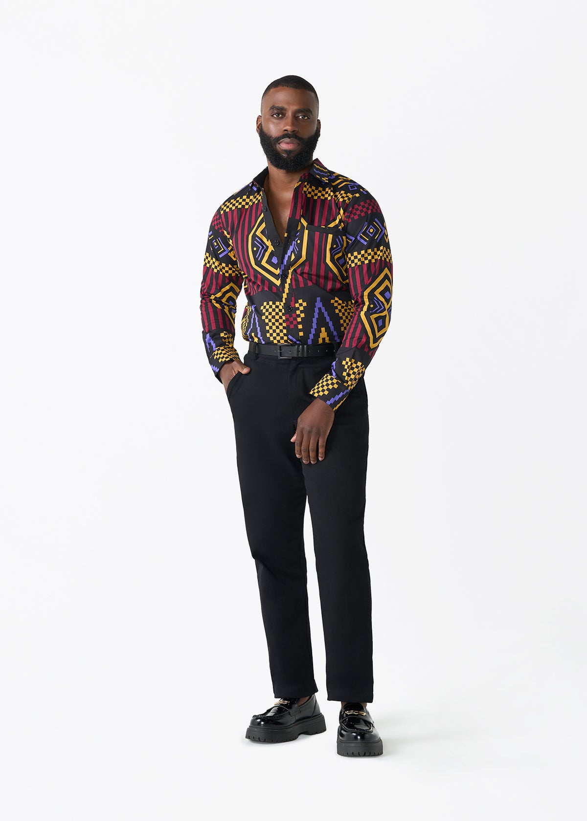 Mazi Men's African Print Button-up Shirt (Black Burgundy Tribal)