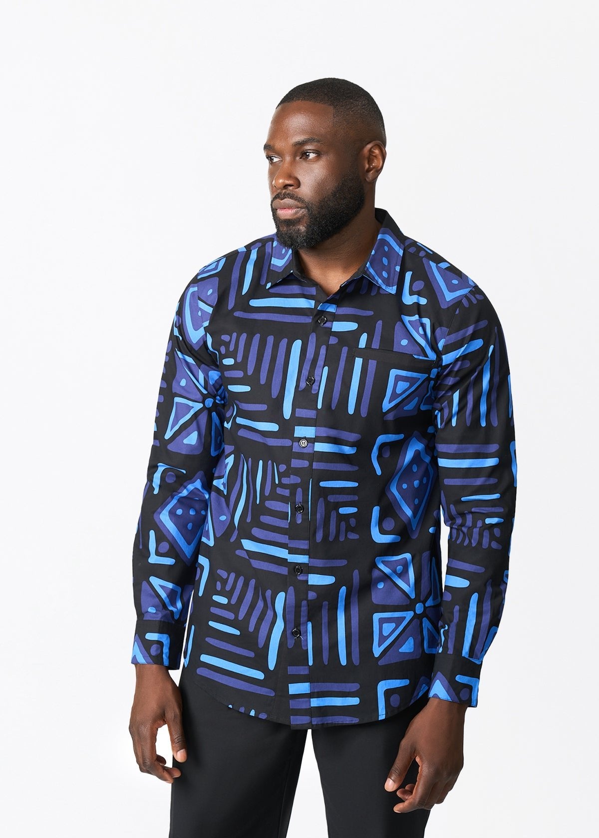 Mazi Men's African Print Button-up Shirt (Black Sapphire Tribal) - D'IYANU