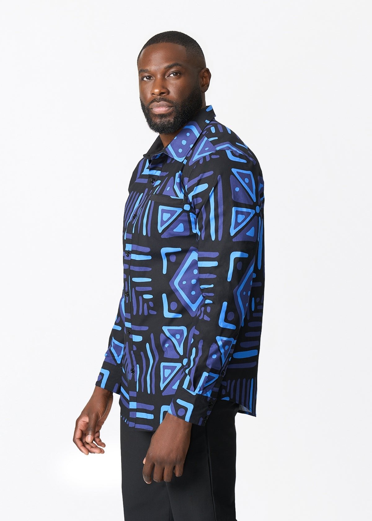 Mazi Men's African Print Button-up Shirt (Black Sapphire Tribal) - D'IYANU