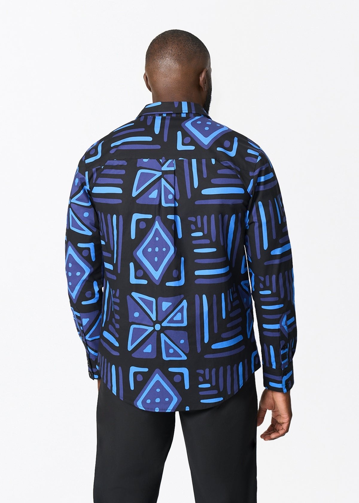 Mazi Men's African Print Button-up Shirt (Black Sapphire Tribal) - D'IYANU