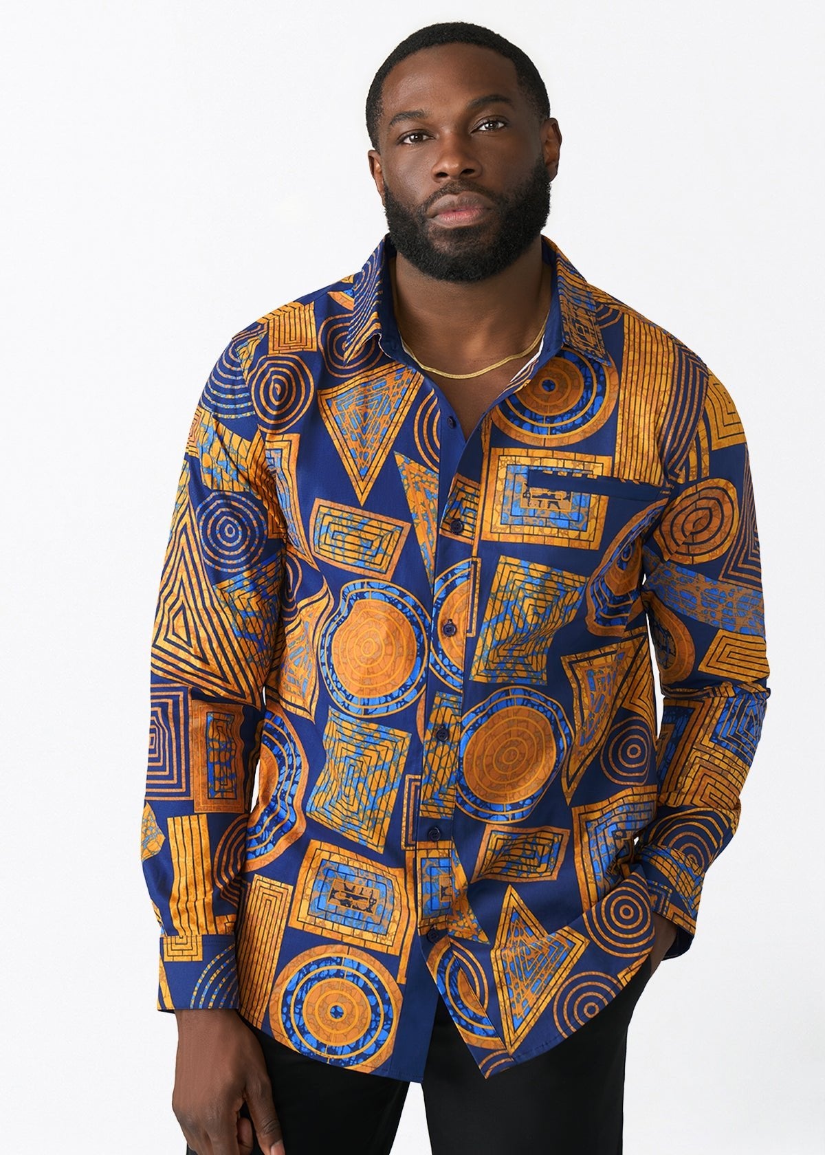 Mazi Men's African Print Button-up Shirt (Royal Blue Geometric) - D'IYANU