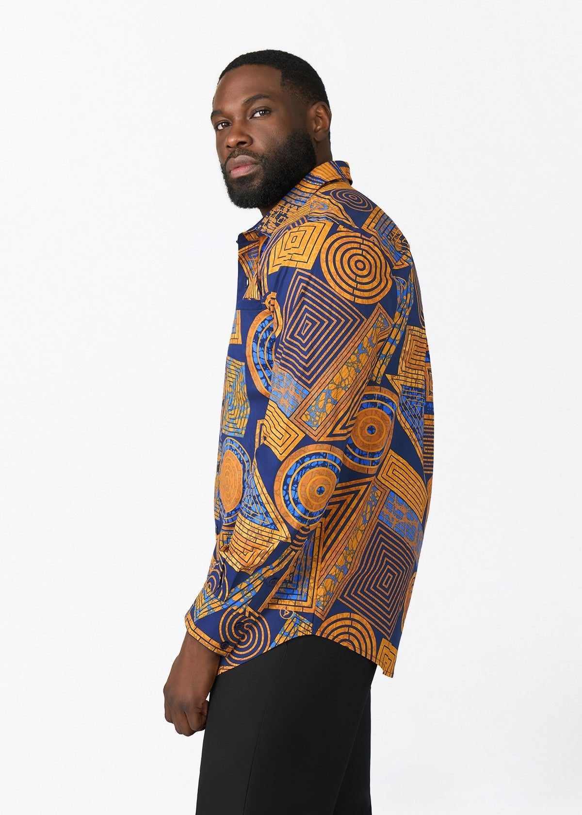 Mazi Men's African Print Button-up Shirt (Royal Blue Geometric) - D'IYANU