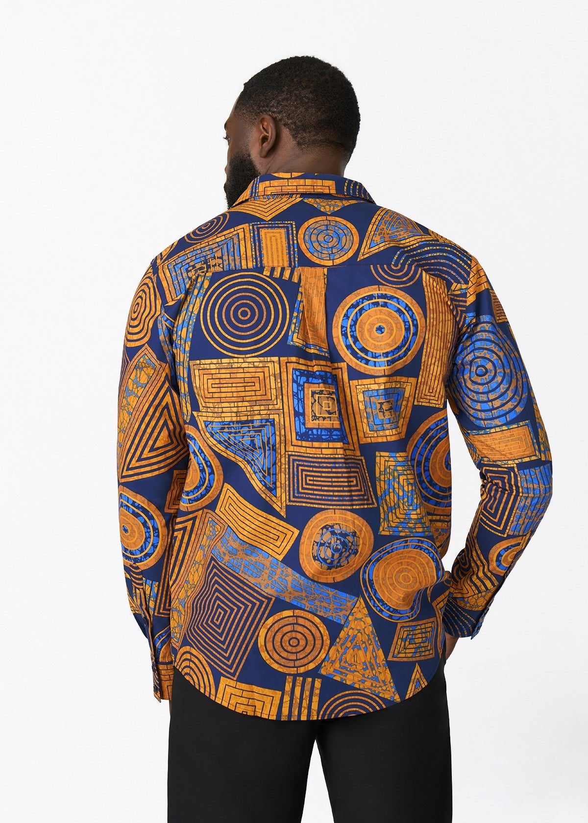 Mazi Men's African Print Button-up Shirt (Royal Blue Geometric) - D'IYANU