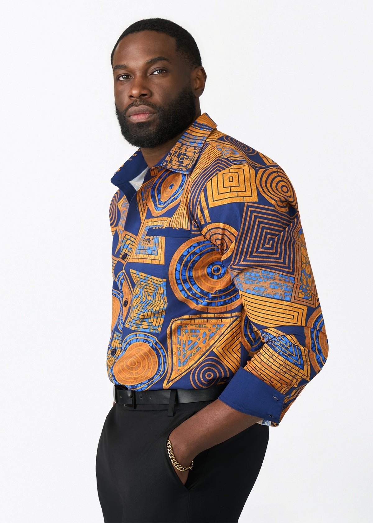 Mazi Men's African Print Button-up Shirt (Royal Blue Geometric) - D'IYANU