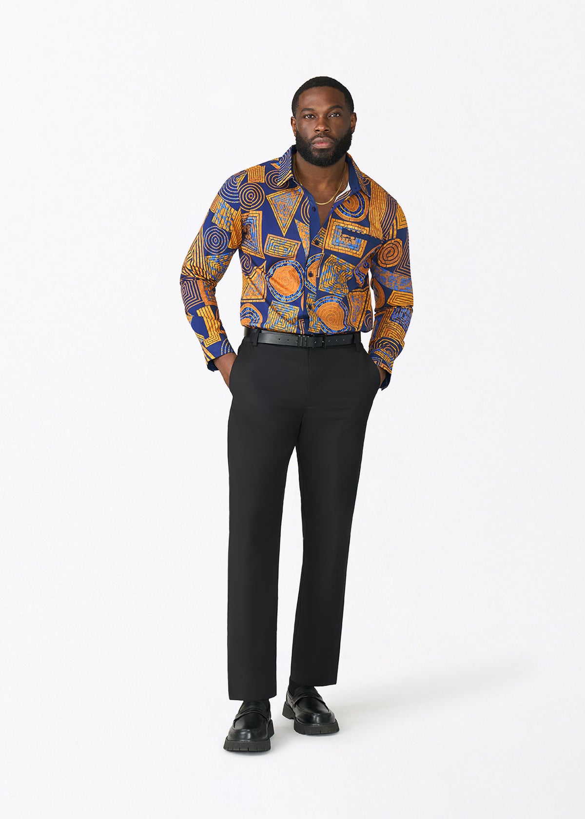 Mazi Men's African Print Button-up Shirt (Royal Blue Geometric) - D'IYANU