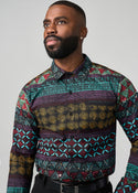 Mazi Men's African Print Button-up Shirt (Teal Maroon Multipattern)