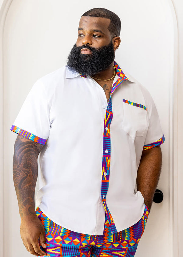Kanai Men's African Print Color-Blocked Button-Up Shirt (White/Rainbow Kente)