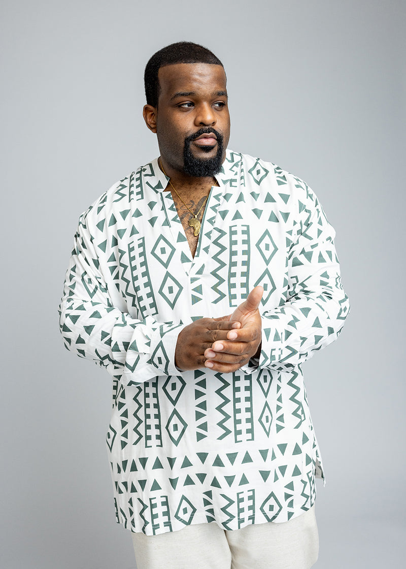 Ajisomo Men's African Print Tunic Shirt (White Olive Tribal)