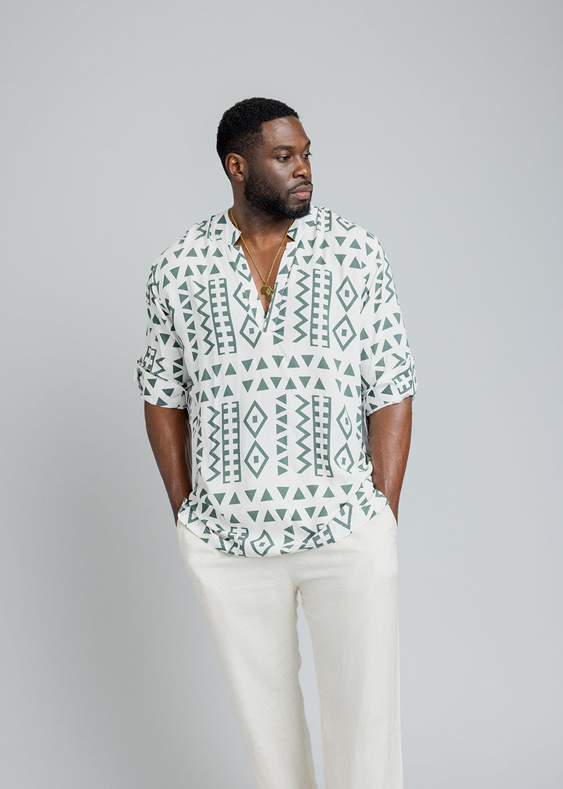 Ajisomo Men's African Print Tunic Shirt (White Olive Tribal)